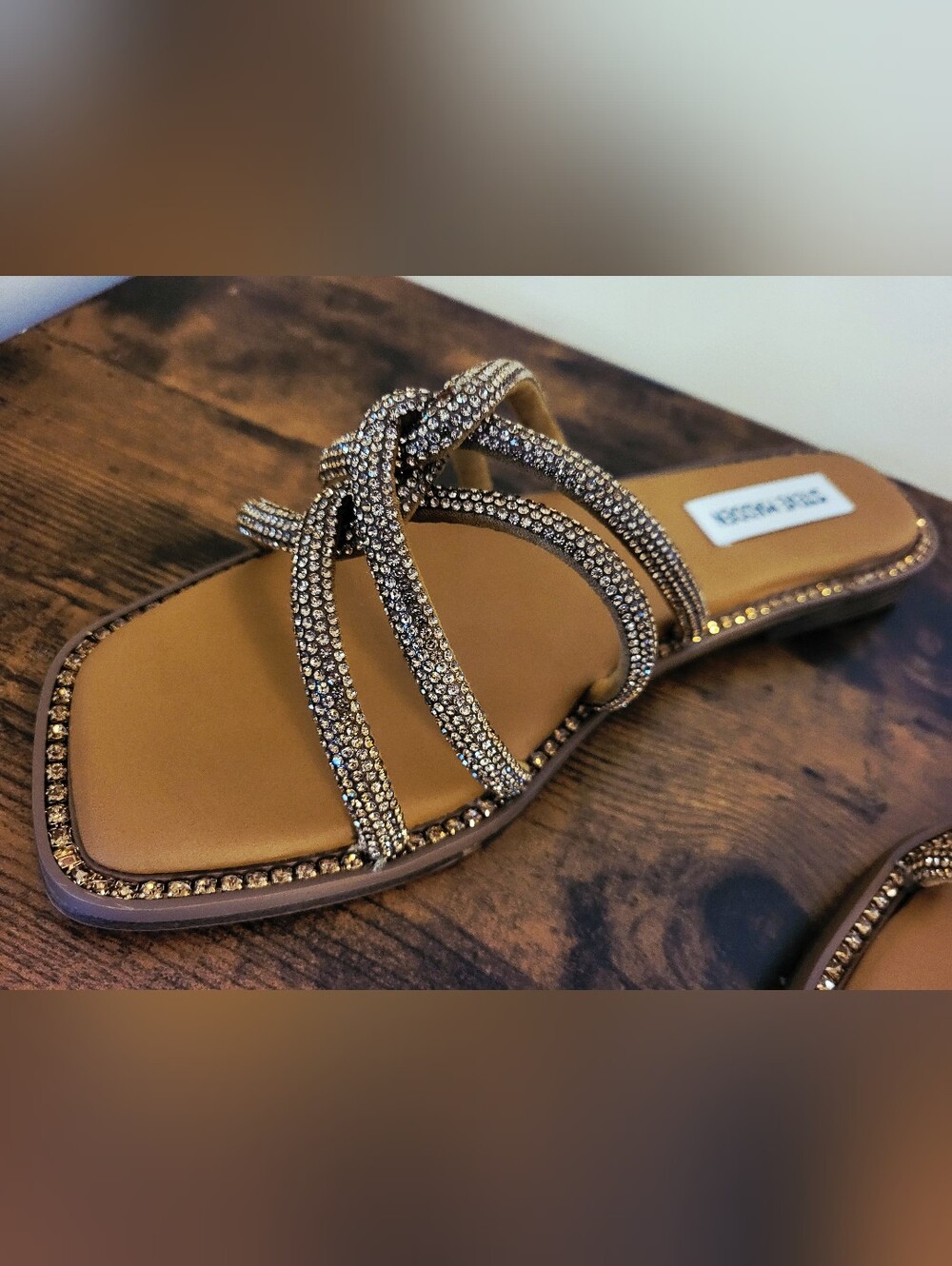 Steve Madden Gold Rhinestone Strappy Slide Sandals - Picture 5 of 11